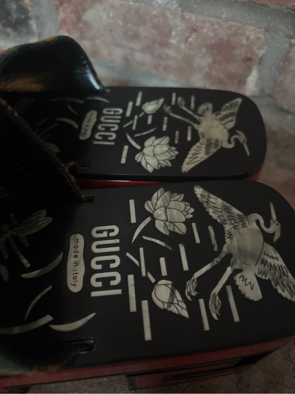 Gucci Mother of Pearl Jacquard Embroidered Floral Platform Sandal - Black & Red - Picture 8 of 12